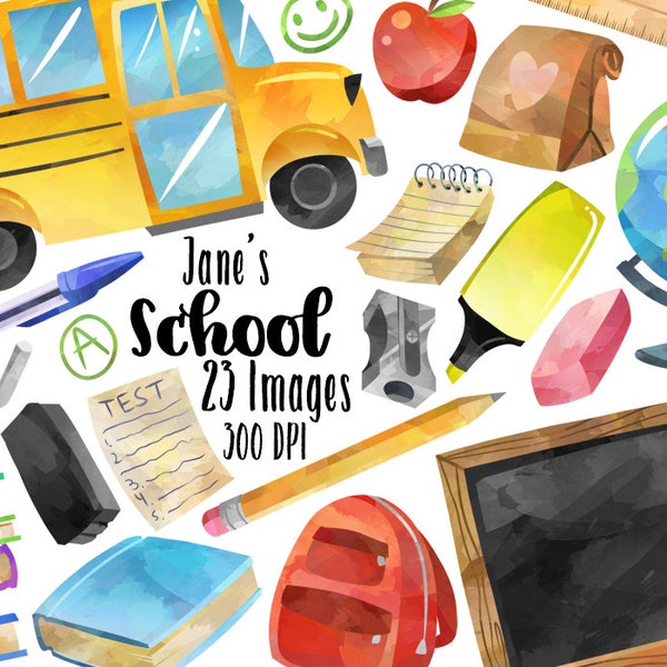 Watercolor School Clipart: Back to School Graphics (Digital Download, Hand Drawn)
