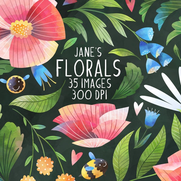 Watercolor Florals Clipart - Flowers Download - Instant Download - Pink Flowers - White Flower - Blue Flowers - Ferns - Leaves - Bees