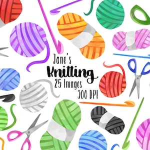 Puede incluir: Una colección de ovillos de lana de colores, agujas de tejer y tijeras. Los ovillos de lana son de varios colores, incluyendo rojo, naranja, amarillo, verde, azul, morado, rosa y gris. Las agujas de tejer son negras y las tijeras son verdes y azules. El texto "Jane's Knitting 25 Images 300 DPI" está en el centro de la imagen.