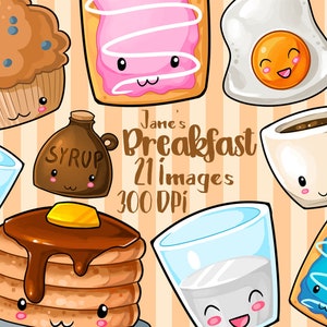 Kawaii Frühstück Clipart - Herziges Frühstück Download - Kawaii Design Download - Eier, Bacon, Kaffee, Pfannkuchen und mehr!