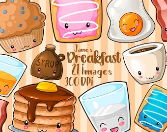 Kawaii Breakfast Clipart - Hearty Breakfast Download - Kawaii Design Download - Eggs, Bacon, Pancakes, Coffee and more!