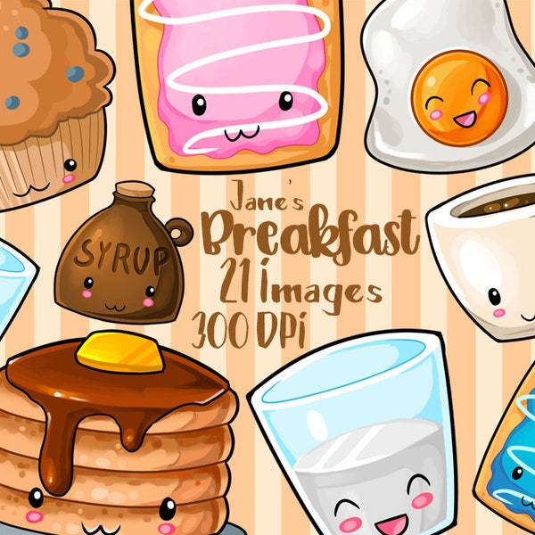 Kawaii Breakfast Clipart - Hearty Breakfast Download - Kawaii Design Download - Eggs, Bacon, Pancakes, Coffee and more!