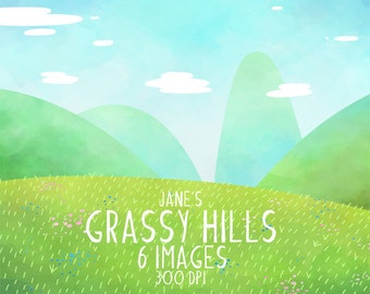 Watercolor Grassy Hills Clipart - Environment Download - Instant Download - Grassy Field - Blue Sky - Rolling Hills - Environment Art