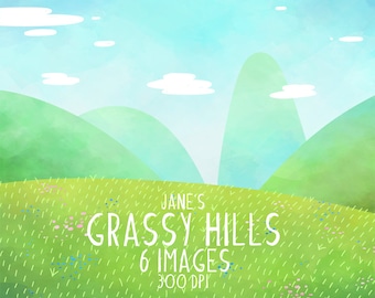 Watercolor Grassy Hills Clipart: Landscape Graphics (Digital Download)