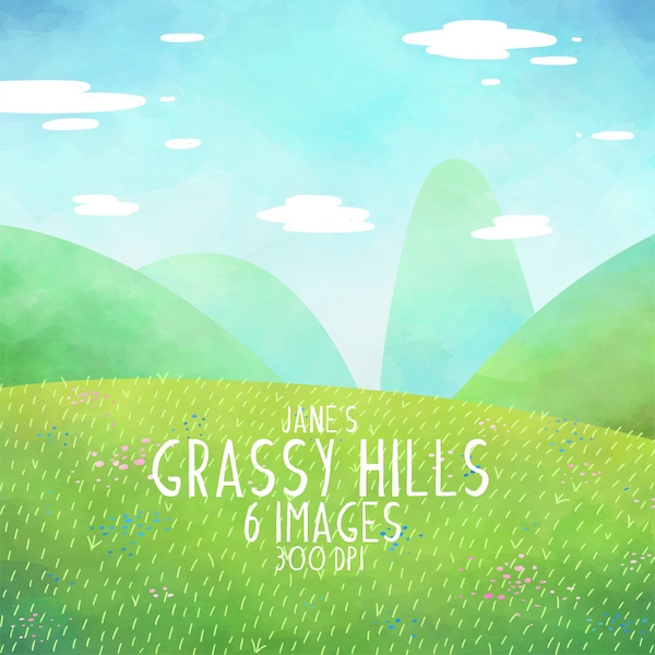 Watercolor Grassy Hills Clipart - Environment Download - Instant Download - Grassy Field - Blue Sky - Rolling Hills - Environment Art