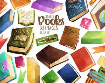 Clipart z akwarelami: grafika szkolna i biblioteczna (do pobrania w wersji cyfrowej)