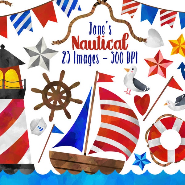 Watercolor Nautical Clipart - Sailing Download - Instant Download - Watercolor Nautical Items - Boat - Lighthouse - Anchors