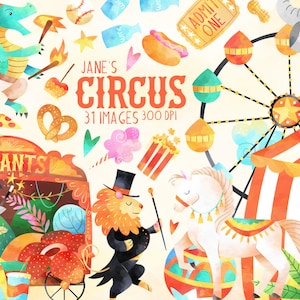Clipart cirque aquarelle - téléchargement immédiat - téléchargement immédiat - cirque - lion - éléphant - cheval - phoque - dragon - grande roue - tente