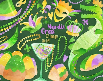 Watercolor Mardis Gras Clipart - Mail Download - Instant Download - Jester's Hat - Alligator - Mask - King's Cake - Crown - Commercial Use