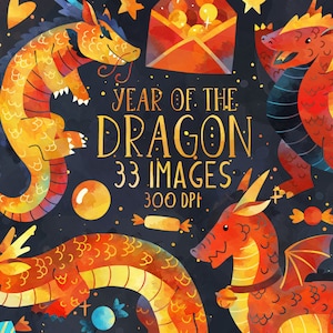 Jahr des Drachen Clipart - Mondneujahr Download - Sofortiger Download - Drachen - Laterne - Feuerwerk - Wolken - Chinesisch - Handgezeichnet