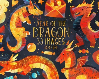 Year Of The Dragon Clipart - Lunar New Year Download - Instant Download - Dragons - Lantern - Fireworks - Clouds - Chinese