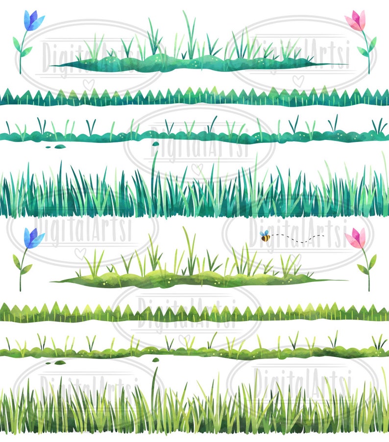 Watercolor Grass Clipart Grass Borders Clipart Instant Download Seamless Watercolor Grass Patterns image 2