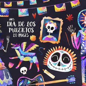 Aquarell Dia De Los Muertos Clipart - Tag der Toten Download - Instant Download - Alebrijes - Calavera - Ancestors - Gitarre - Kerzen