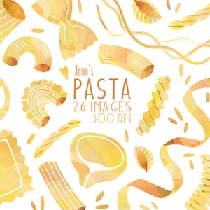 Watercolor Pasta Clipart - Noodle Graphics - Digital Download - Macaroni - Fetuccinni - Ravioli - Spaghetti - Route - Farfalle