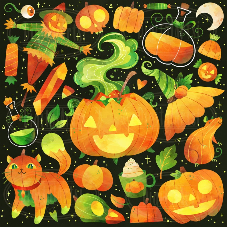 May include: A digital illustration of a variety of Halloween themed items, including pumpkins, a scarecrow, a cat, a rat, a potion bottle, and a witch's hat. The background is a dark green with white stars.