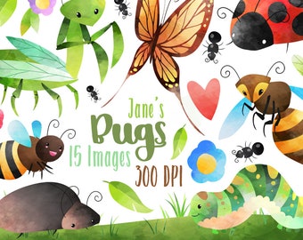 Watercolor Bugs Clipart - Garden Critters Download - Instant Download - Watercolor Cute Hornet, Bee, Beetle, Butterfly, and more!