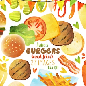 Clipart di hamburger acquerellati - Download di cibo spazzatura - Download istantaneo - Grigliata - Serata grigliata - Inviti per feste - Patatine fritte