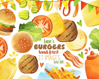 Watercolor Burger Clipart: Cookout Food Graphics (Digital Download)