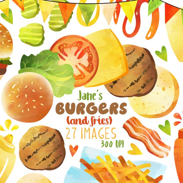 Watercolor Burgers Clipart - Junk Food Download - Instant Download - Cookout - Grill Night - Party Invites - French Fries