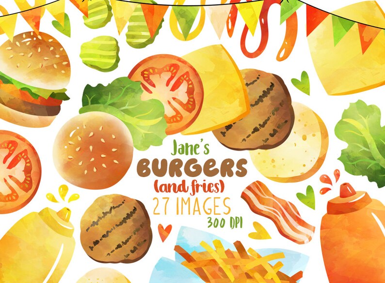 May include: Watercolour illustration of a set of 27 images for a burger and chips themed party. The images include a burger, lettuce, tomato, cheese, bacon, ketchup, mustard, chips, and a bun. The text "Jane's Burgers (and fries) 27 Images 300 DPI" is included in the image.