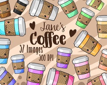 Kawaii Coffee Clipart - Cafe Download - Instant Download - Cute Coffee Cups Set - Coffee Lovers