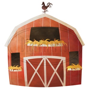 May include: A red barn with a rooster weather vane on top. The barn has a large double door and two windows with hay sticking out of them.
