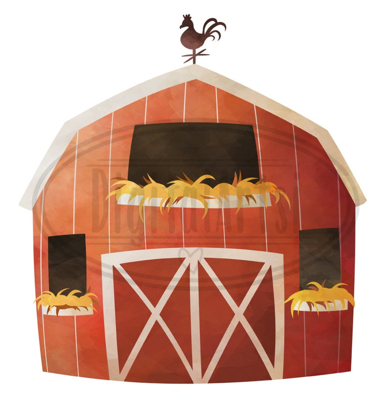 May include: A red barn with a rooster weather vane on top. The barn has a large double door and two windows with hay sticking out of them.