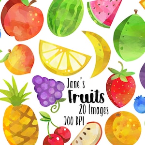 Clipart de frutas en acuarela - Clipart de variedad de frutas - Descarga instantánea - Limón - Lima - Sandía - Manzana - Piña - Uva - Higo - Cereza