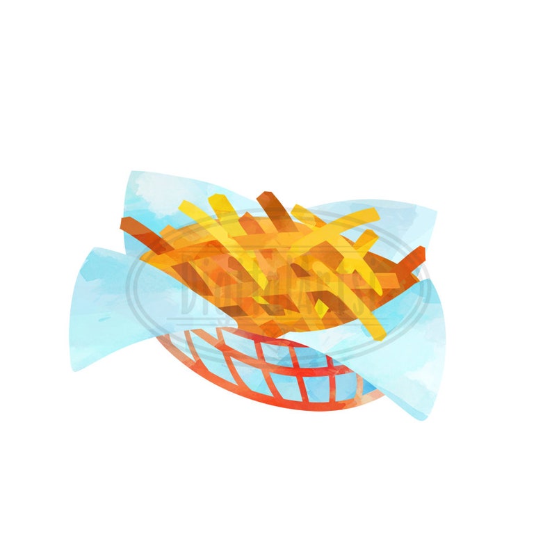 May include: A watercolour illustration of a basket of chips. The chips are golden brown and are in a red and white wire basket. The basket is wrapped in a blue and white paper.