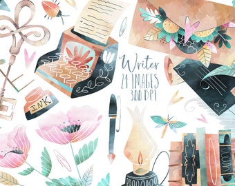 Watercolor Writer Clipart - Writing Download - Instant Download - Typewriter - Flowers - Writing Materials - Lantern - Envelope - Key