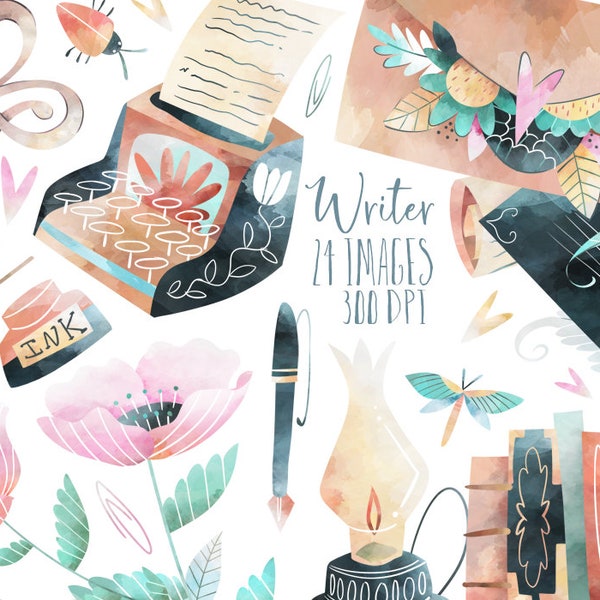 Watercolor Writer Clipart - Writing Download - Instant Download - Typewriter - Flowers - Writing Materials - Lantern - Envelope - Key