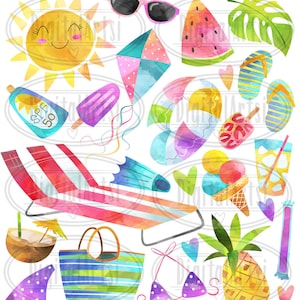 May include: Watercolor illustrations of summer vacation items, including a beach chair, a pineapple, a watermelon, a beach bag, a pair of sunglasses, a kite, a coconut, a beach towel, a pair of flip flops, a life preserver, a popsicle, a sun, a bottle of sunscreen, a pair of flippers, a bikini, and a glass of lemonade.