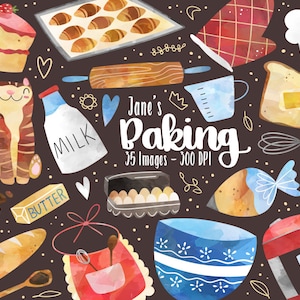 Aquarel bakken clipart - Home activiteiten downloaden - Instant Download - Baker - schort - keukenmixer - cake - stokbrood - croissants
