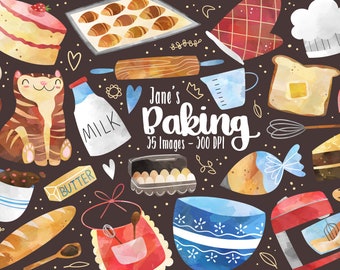 Watercolor Baking Clipart - Home Activies Download - Instant Download - Baker - Apron - Stand Mixer - Cake - Baguette - Croissants