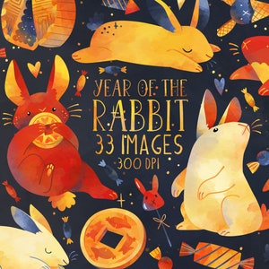 Year Of The Rabbit Clipart Lunar New Year Download Instant Download Rabbits Lantern Fireworks Clouds Bunnies Chinese image 1