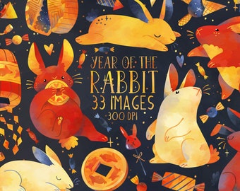 Year Of The Rabbit Clipart - Lunar New Year Download - Instant Download - Rabbits - Lantern - Fireworks - Clouds - Bunnies - Chinese