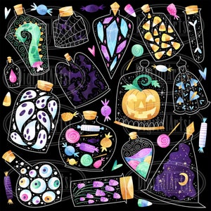 May include: A set of 12 digital illustrations of Halloween potion bottles with various spooky and whimsical designs. The bottles are filled with different objects, including candy, eyeballs, ghosts, bats, and a pumpkin. The illustrations are in a watercolor style and have a black background.
