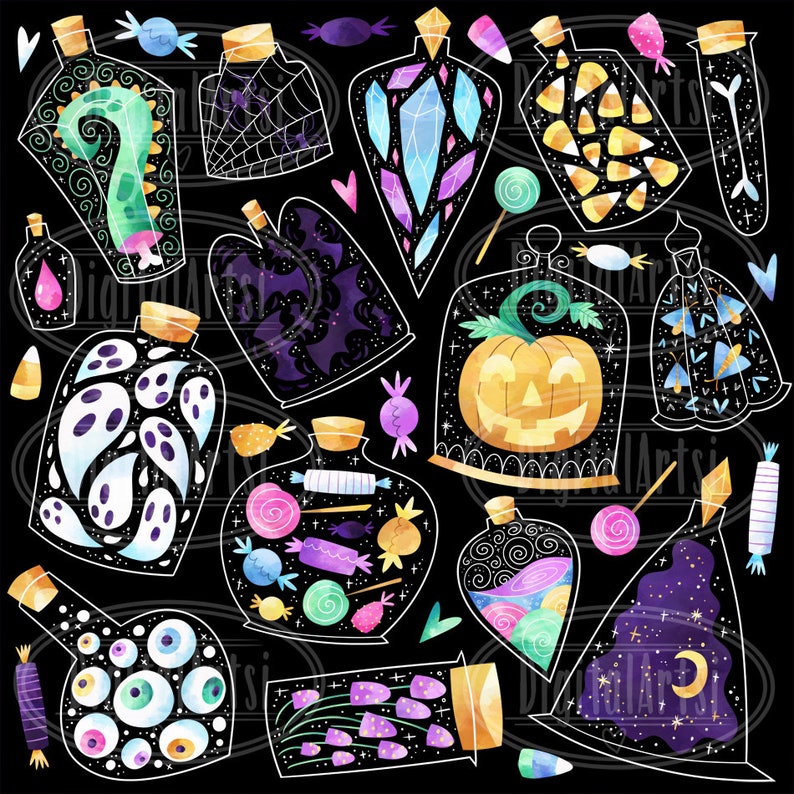 May include: A set of 12 digital illustrations of Halloween potion bottles with various spooky and whimsical designs. The bottles are filled with different objects, including candy, eyeballs, ghosts, bats, and a pumpkin. The illustrations are in a watercolor style and have a black background.