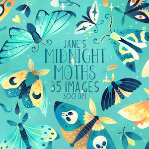 Midnight Moths Clipart - Insekt Download - Instant Download - Mystisch - Fantasy - Skurril - Petrol - Handgezeichnet - Menschengemacht