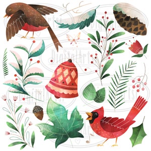 May include: A set of watercolor illustrations featuring winter holiday elements, including a red cardinal, a robin, a bell, a pine cone, a maple leaf, and various floral sprigs.