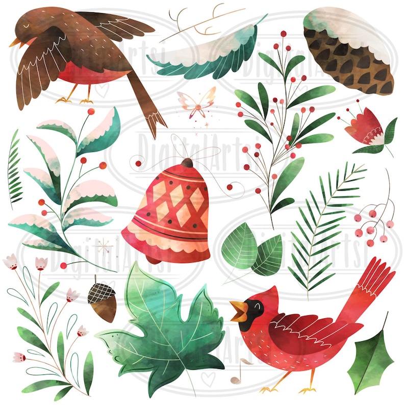 May include: A set of watercolor illustrations featuring winter holiday elements, including a red cardinal, a robin, a bell, a pine cone, a maple leaf, and various floral sprigs.