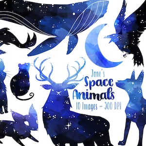 Clipart aquarelle animaux de l'espace - téléchargement de silhouettes animales - téléchargement immédiat - cerf - baleine - rat - chat - chien - renard - hibou - corbeau
