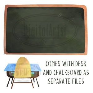 May include: A digital illustration of a brown desk with a yellow chair and a green chalkboard. The chalkboard has the text "DigitalArts" written on it. The text "COMES WITH DESK AND CHALKBOARD AS SEPARATE FILES" is written below the image.