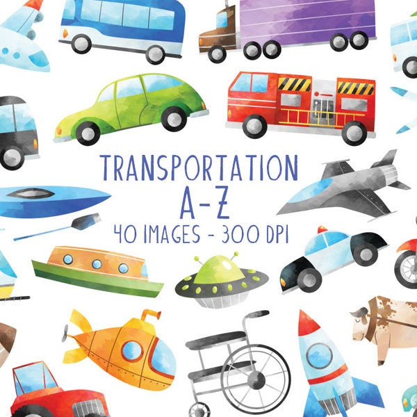 Watercolor Transportation A-Z Clipart - Véhicules Télécharger - Téléchargement instantané - Avion - Voiture - Bateau - Hélicoptère - Fusée - Tracteur
