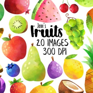 Watercolor Fruits Clipart Produce Download Instant Download Orange Apple Strawberry Blueberry Plum Fig Banana image 1