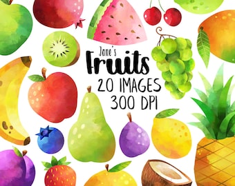 Watercolor Fruits Clipart - Produce Download - Instant Download - Orange - Apple - Strawberry - Blueberry - Plum - Fig - Banana