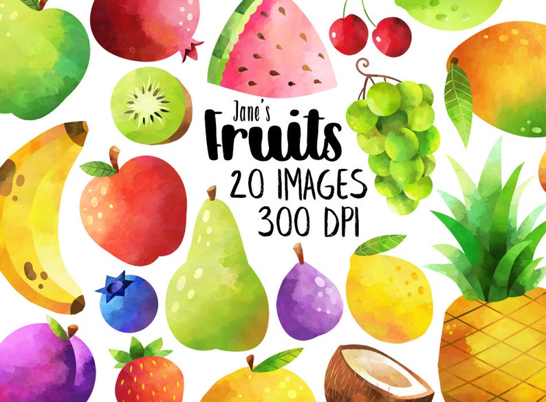 Watercolor Fruits Clipart Produce Download Instant Download Orange Apple Strawberry Blueberry Plum Fig Banana image 1