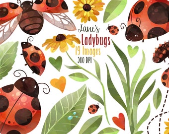Watercolor Ladybugs Clipart - Ladybug Download - Instant Download - Flying Ladybugs - Yellow Flowers - Leaves