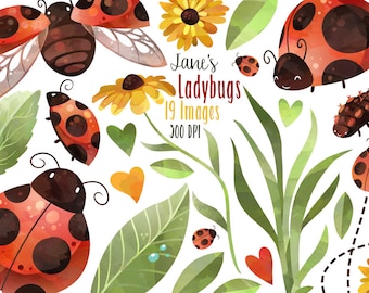 Watercolor Ladybugs Clipart: Flowers and Leaves (Digital Download)