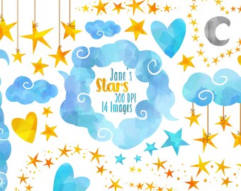 Watercolor Stars and Clouds Clipart: Star Borders (Digital Download)